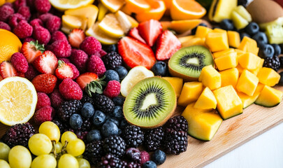 Colourful fruits laid out against a stunning natural backdrop