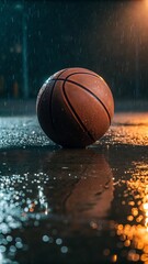 Wet Basketball on a Rain-slicked Court at Night