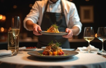 Chef presents gourmet dish in refined dining setting. Delicious meal in plate with white wine, champagne glasses on white tablecloth. Elegant fine dining, service, culinary artistry, luxury lifestyle.