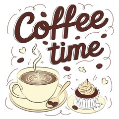 Charming vector illustration featuring a steaming cup of coffee and a cupcake, surrounded by coffee beans and decorative elements, capturing the essence of a cozy coffee time moment.