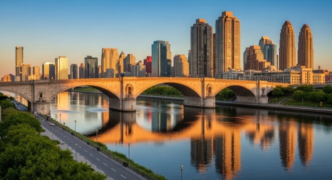 Golden Hour Cityscape: Stone Arch Bridge and Minneapolis Skyline Reflections