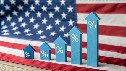 Geopolitical trade talks concept. Growth indicators on American flag background.