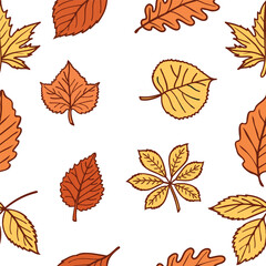 A pattern of various autumn leaves in shades of orange and yellow on a white background. The leaves are of different shapes and sizes, representing the fall season.