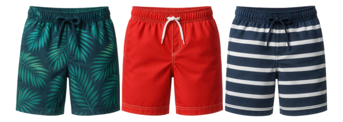Three pairs of men's swim shorts in tropical, solid red, and striped navy designs on transparent background.