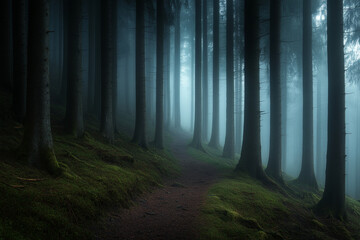Naklejka premium Morning fog envelops a tranquil forest pathway