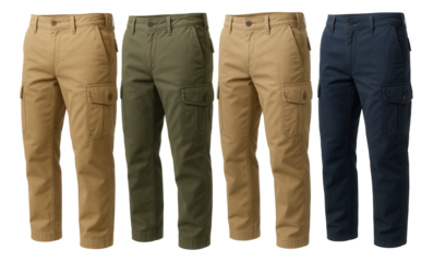 Four pairs of cargo pants in tan, green, and navy blue, featuring multiple pockets and button closures on transparent background.