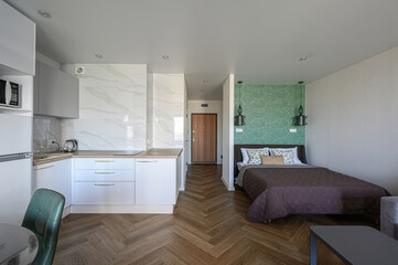 modern studio apartment with a kitchenette and sleeping area. Features a herringbone floor, green...