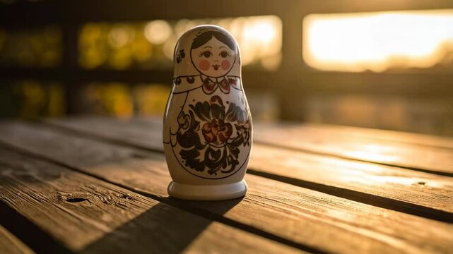 Painted nesting doll resting on wooden slats in warm sunlight, traditional design, peaceful and nostalgic scene.