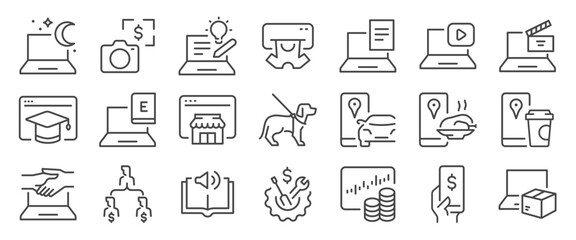Side hustle icon set. It included freelance, gig economy, job, work, business, making money, and more icons. Editable Vector Stroke.