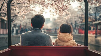 A father and child enjoy a boat ride, admiring cherry blossoms.