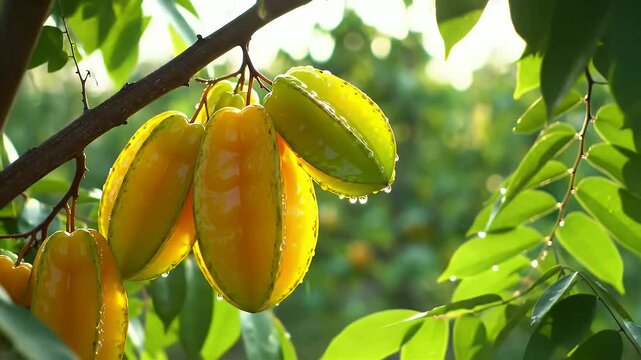 Star fruit hanging from branches
