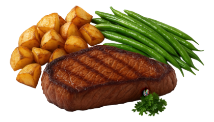 Grilled steak served with roasted potatoes, green beans, and fresh parsley on transparent background.