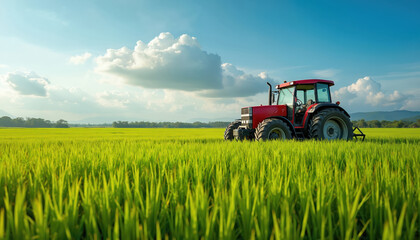 Fototapeta premium Red tractor drives through green rice field under blue sky. Agricultural machine harvest crop, sunny day. Farmland, cultivate, eco-friendly, organic farming. Modern agricultural tech for sustainable