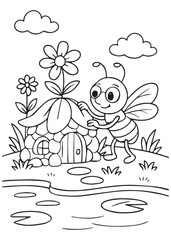 Coloring book bee at its charming little flower house by a pond