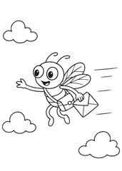 Coloring book bee postman flying through the clouds with a letter