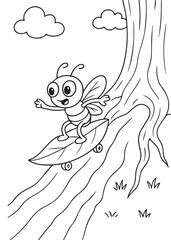 Coloring book bee skateboarding down a tree trunk on a leaf