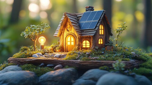 Miniature wooden house with solar panels in a forest setting