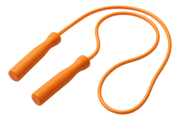 Bright orange jump rope with textured handles and flexible cord, designed for fitness and exercise routines on transparent background.