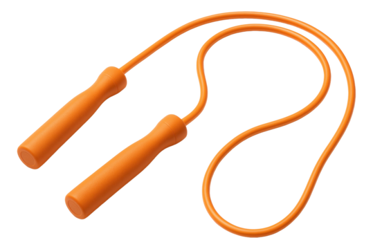 Bright orange jump rope with textured handles and flexible cord, designed for fitness and exercise routines on transparent background.