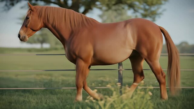Realistic animated horse beside a neat pile of horse manure in a stable scene