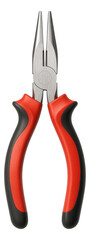 Metal needle-nose pliers with red and black ergonomic rubber handles on transparent background.