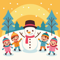 Fototapeta premium Cheerful children playing with a snowman in a winter wonderland illustration