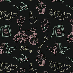 Colorful funny children doodle icon seamless pattern. Cute happy kid drawing symbol wallpaper print, diverse education concept background illustration texture.
