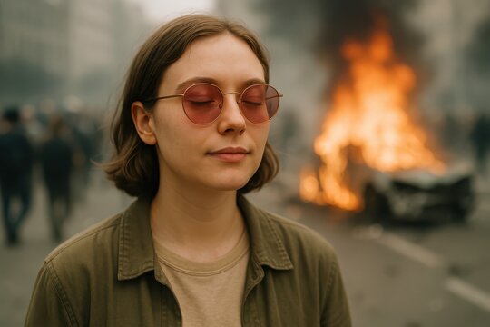 Person in a state of self-deception amidst urban chaos and turmoil