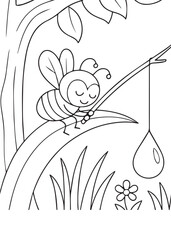 Coloring book bee peacefully sleeping on a leaf, with a dewdrop nearby