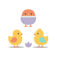 Cute cartoon chicks standing near a nest with an egg  