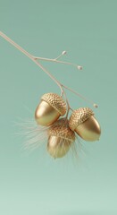Three golden acorns on a delicate branch against a soft mint green background. The acorns have textured caps and fine hairs, creating a unique visual appeal.