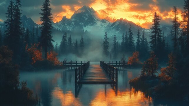 Misty mountain lake sunrise
