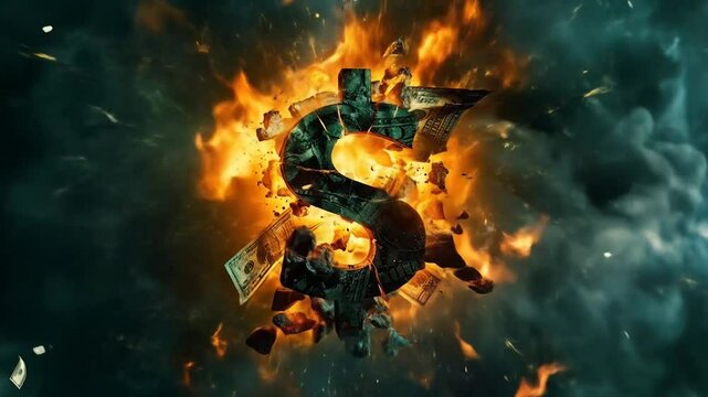A dollar symbol explodes in a fiery blaze amidst scattered banknotes and smoke, vividly illustrating economic war, currency collapse, or the end of dollar hegemony.