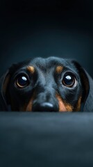 Cute dachshund puppy hiding and peeking over the edge
