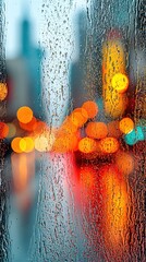 Rain falling on window with blurred city lights in background