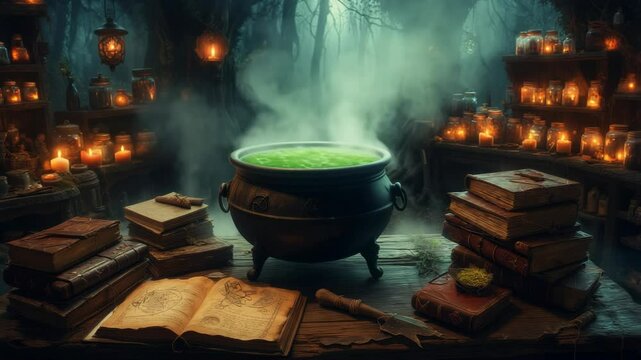 Witch's cauldron bubbles in a mystical forest at twilight surrounded by ancient books and glowing candles