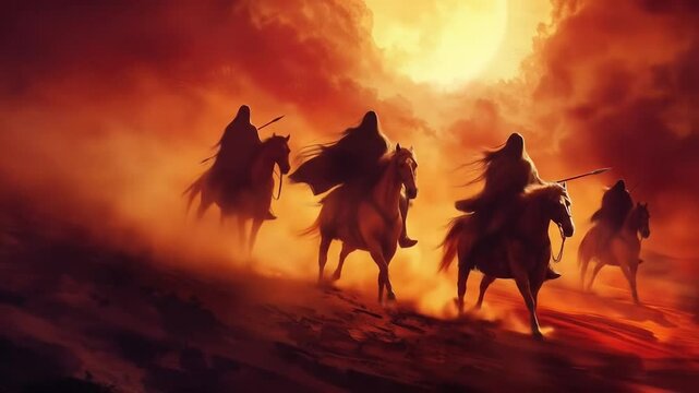 Four apocalyptic horsemen silhouettes riding across desert landscape against dramatic fiery orange sunset sky with intense lighting effects
