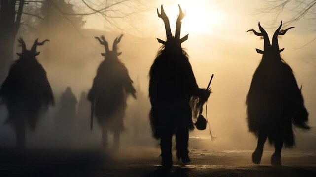 Silhouettes of several demons from the Bulgarian folk tradition 'kukeri,' dressed in goat-headed masks with horns, dancing and jumping in a magical ritual to ward off the spirits of Winter