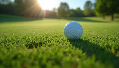 Golf ball rests on vibrant green grass of golf course on sunny day. Perfect for outdoor sports session offering relaxing scenic golfing experience. Golfing sport is fun leisure, vacation activity.