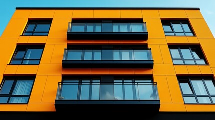 Obraz premium Modern apartment building facade with orange panels and black balconies