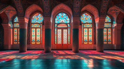 Ornate hall with stained glass, arches, and pillars