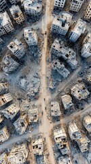 Devastated city buildings crumbling after war, showing destruction and devastation