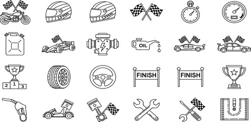 Motorsports Vector Icon Set Adjustable Line Weight Racing car, motorcycle, helmet, trophy, oil, engine, pit stop, fuel, flag, speed, competition icons