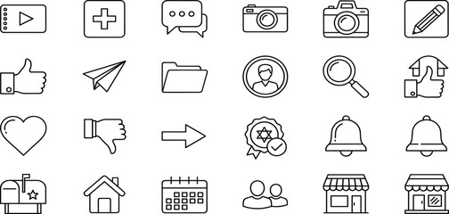 Social Media Vector Icon Set Adjustable Line Weight Like, comment, share, notification, profile, camera, verified, search, chat, followers, messaging, interaction, user interface icons
