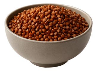 A bowl filled with raw brown buckwheat grains on transparent background.