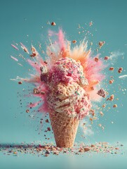 Ice cream cone exploding with sprinkles and pink powder on turquoise background