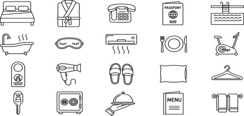Fototapeta premium Hotel Vector Icon Set Adjustable Line Weight Bed, key, robe, safe, room, service, pillow, slippers, spa, hanger, amenities, pool, dining, comfort icons