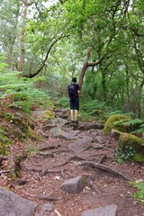 Paisaje con hombre de espaldas subiendo por un camino  en una ruta de senderismo al aire libre en...