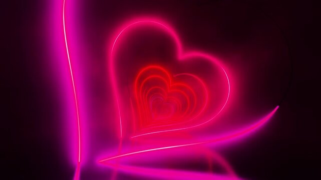 Flying through red hearts painted with light. Infinitely looped animation. 3D rendering
