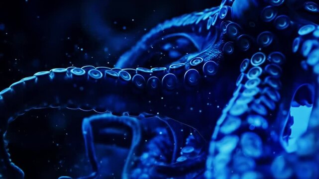 Octopus tentacles moving with suction cups captured in vibrant blue underwater lighting showcasing marine life and ocean biodiversity